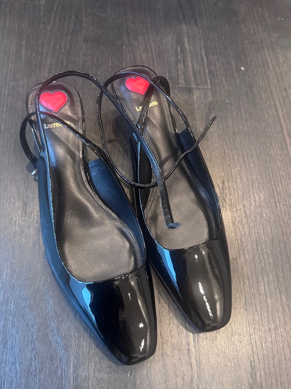 Larroude Black Patent Leather Pointed Slingback Pumps with Ankle Strap